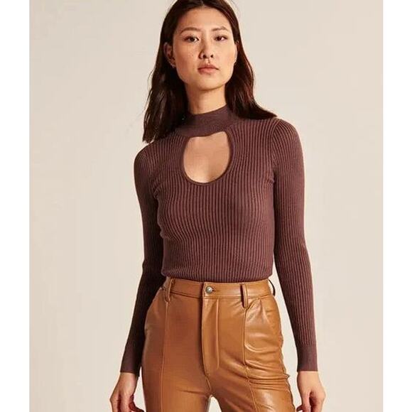 ABERCROMBIE & FITCH Women's Mock Neck Ribbed Knit Long Sleeve Size XS In Brown - Picture 2 of 12